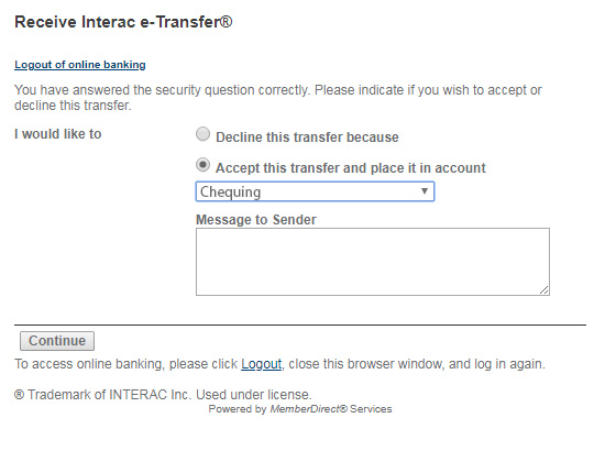 Accept or decline the <em>INTERAC</em> e-Transfer
